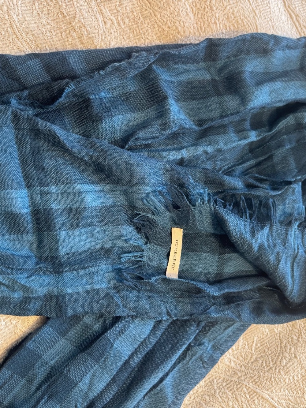 Burberry Blue Black Check Lightweight Woven Scarf Fringe